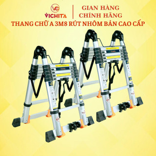 Thang Nhôm Rút Đôi Chữ A Dài 3M8 (1.9M+1.9M) Chính Hãng VICHITA - Bản Cao Cấp Ống Nhôm Đúc Liền [Tặng 2 Chốt Thang]