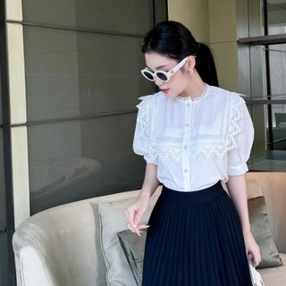 Áo sơ mi nữ thiết kế công sở cổ tròn tay lỡ phối ren sang trọng Callene