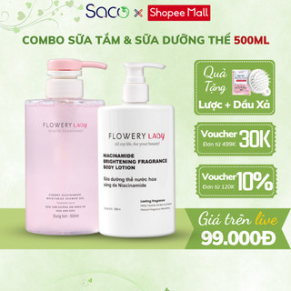 Combo sữa tắm sữa dưỡng thể Flowery LADY Niacinamide 500ml, dưỡng ẩm  trắng da, hương thơm thiên nhiên thơm mát dễ chịu.