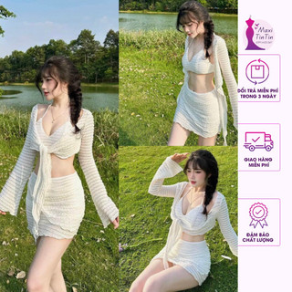 Set 3 món đi biển set áo croptop thắt xoắn mix chân váy ren, set 3 món bikini đi biển sống ảo-MaxiTinTin