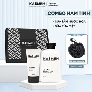 Combo nam tính - Sữa tắm gội KASMEN hương nước hoa cao cấp 300g & Gel rửa mặt ngừa mụn 80ml + TẶNG bông tắm
