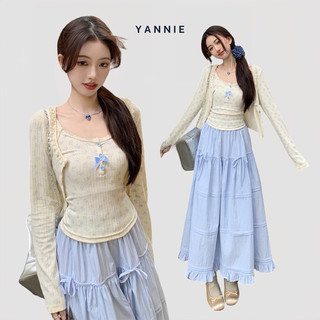 Set áo hai dây hoa nhí + áo khoác cardigan mỏng + chân váy midi xanh pastel dáng dài phối nơ Yannie