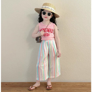 Bộ quần áo bé gái- Bộ đồ croptop ba lỗ quần kẻ ống suông cho bé gái đi du lịch biển từ 1 tuổi đến 7 tuổi