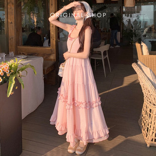 Váy Hai Dây Đi Biển Váy Nữ Màu Hồng Dáng Dài Xoè Hai Lớp