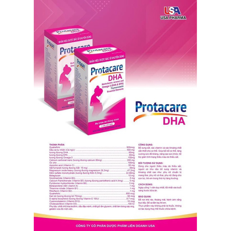 viên uống sắt bổ tổng hợp PROTACARE DHA bổ sung Acid folic ,vitamin cho phụ nữ có thai trước và sau sinh hộp 30 viên