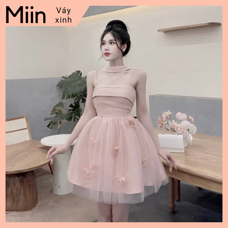 Váy tapta dây cổ ly eo chân lưới hoa