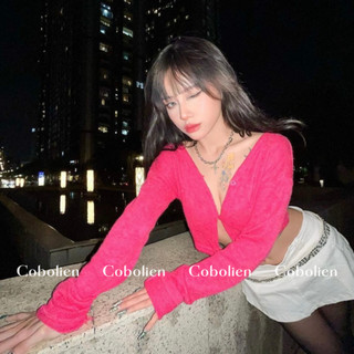 Áo croptop cardigan len nhung pinky top / size s - m - l / cobolien