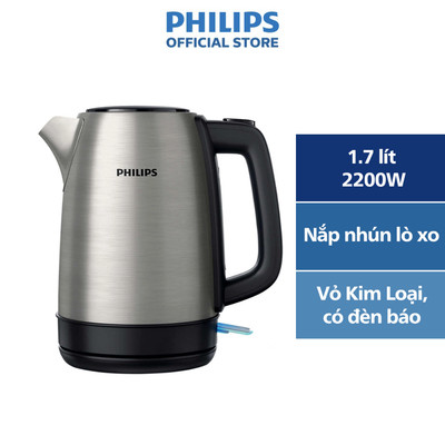 Bình đun kim loại, nắp nhún lò xo, đèn báo Philips HD9350/90 | 1.7Lít| 2200W - Hàng Chính Hãng