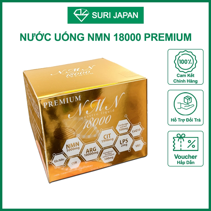 Nước uống NMN, NMN 18000 Premium dạng nước, Nước tái sinh phục hồi cấp tế bào Nhật Bản - 10 chai / hộp.