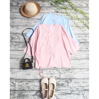 Áo cổ tàu vạt chéo nhún tay lỡ