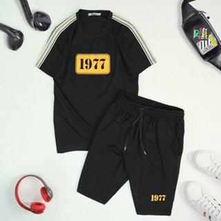 Bộ Quần Áo Thể Thao Nam Hè 1977 Đen Trơn Sành Điệu, Cotton Hàn Thoáng Khí Siêu Thấm Hút .