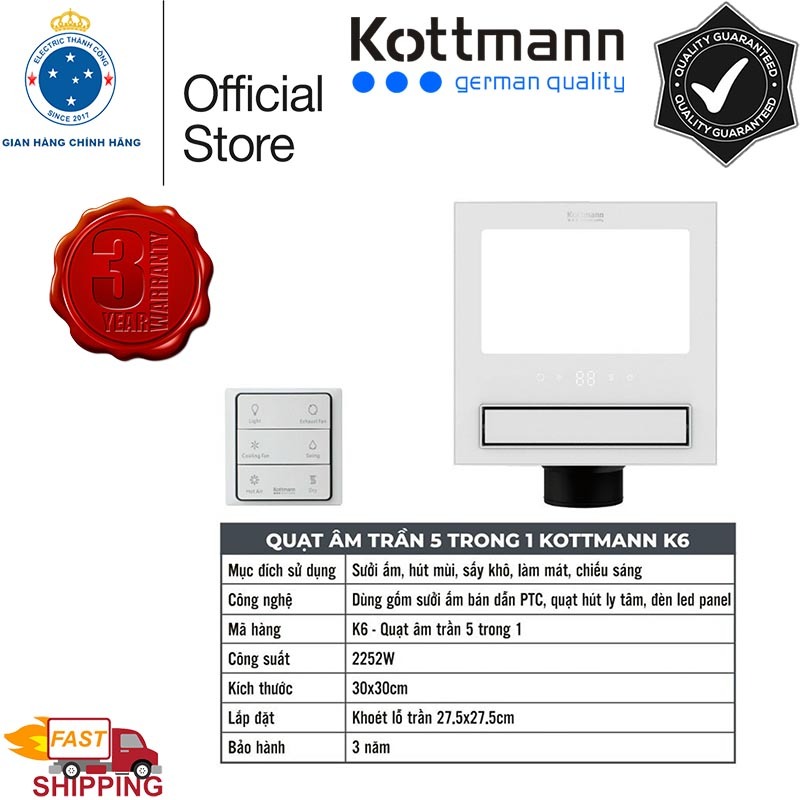 Quạt âm trần đa năng 5 trong 1 sưởi ấm, sấy khô, thổi gió mát, thông gió hút mùi, chiếu sáng bằng đè