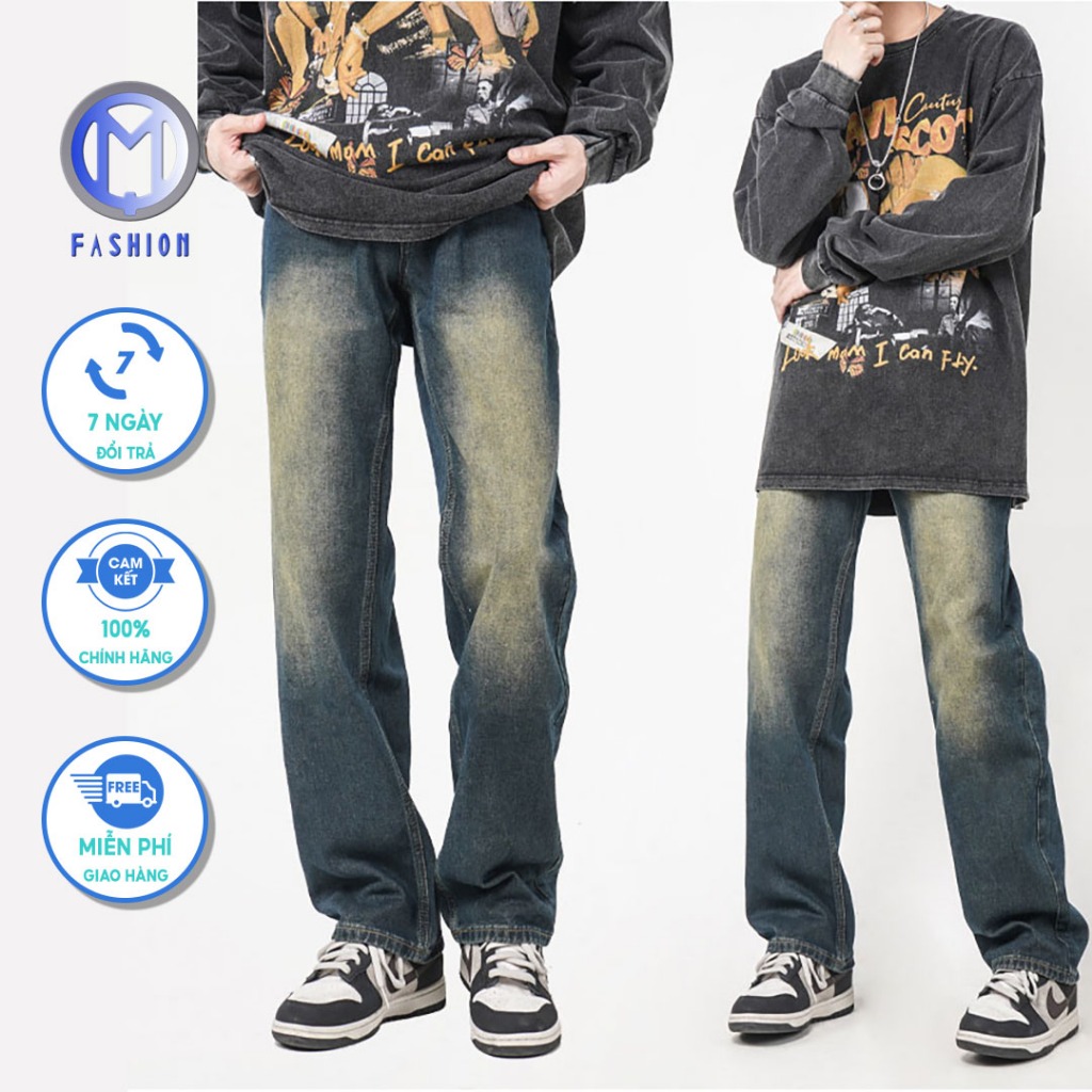 Quần jean ống rộng nam baggy form suông retro wash màu cá tính trẻ trung M Fashion