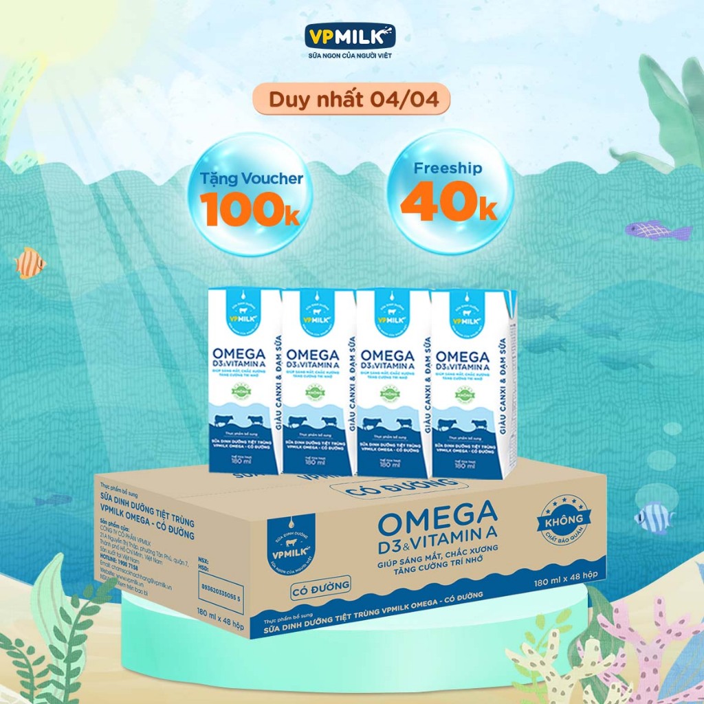 Sữa Dinh Dưỡng Tiệt Trùng VPMilk Omega Có Đường dạng hộp 180ml (thùng 48 hộp)