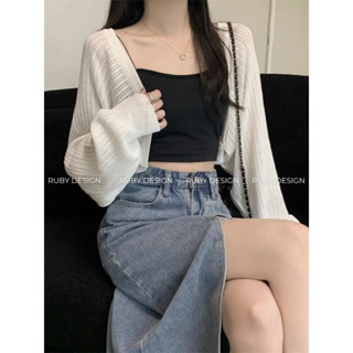 Áo khoác nữ , áo khoác len nữ cardigan lưới mỏng CHOÀNG TAY BO xinh xắn hàng QC màu đen trắng kem xanh vàng- RUBY