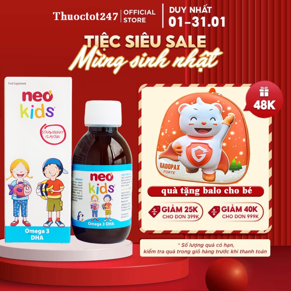 DHA cho bé Neo kids omega 3 DHA cho trẻ sơ sinh, Vitamin D3, A, E giúp phát triển trí não tăng cường thị lực Hộp 150ml