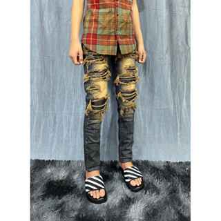 Quần Jean Nam mầu bẩn vá da đen 4 cúc