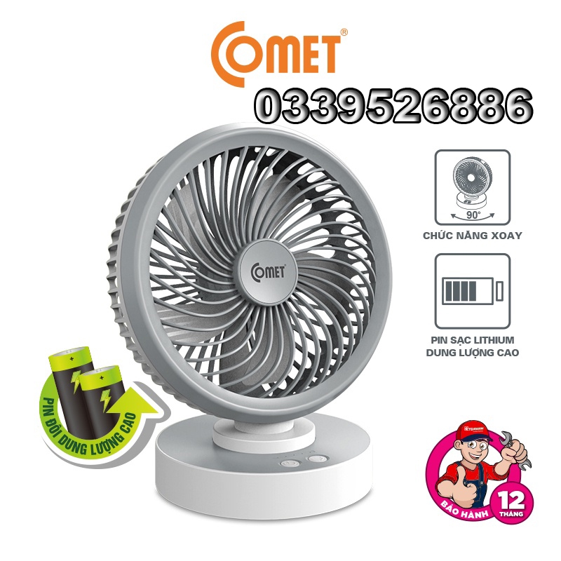 Quạt Sạc COMET CRF1506 7W, 4 cấp gió, 2 pin lithium 1200mAh, xoay 90 độ, bảo hành 12 tháng 1 đổi 1