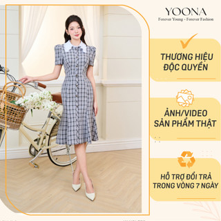 Đầm thiết kế cổ bèo tay bồng cọc chân váy đuôi cá họa tiết kẻ chất twill silk cao cấp YOONA - NH10F239