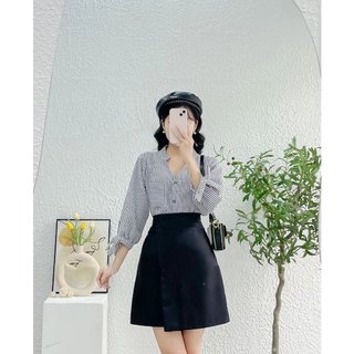 Áo sọc cổ v tay lỡ cột nơ