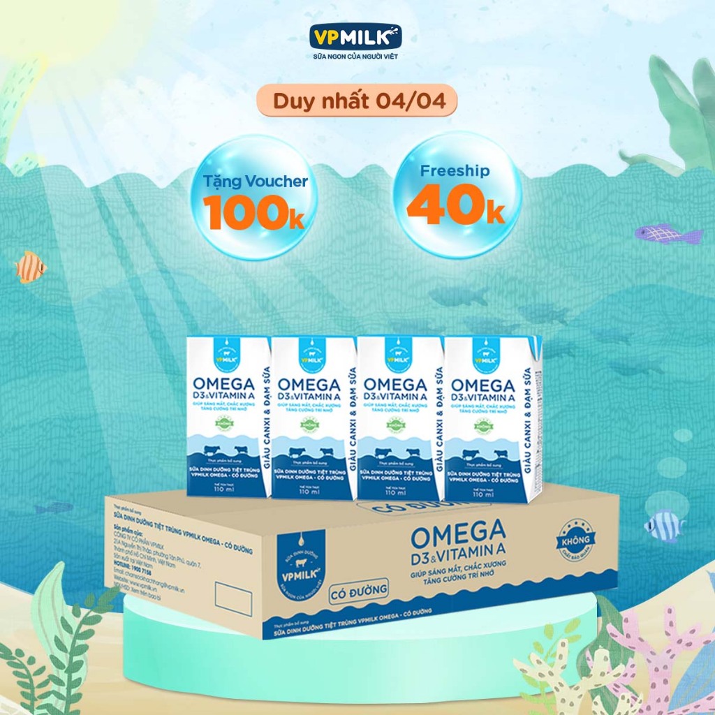 Sữa Dinh Dưỡng Tiệt Trùng VPMilk Omega Có Đường dạng hộp 110ml (thùng 48 hộp)