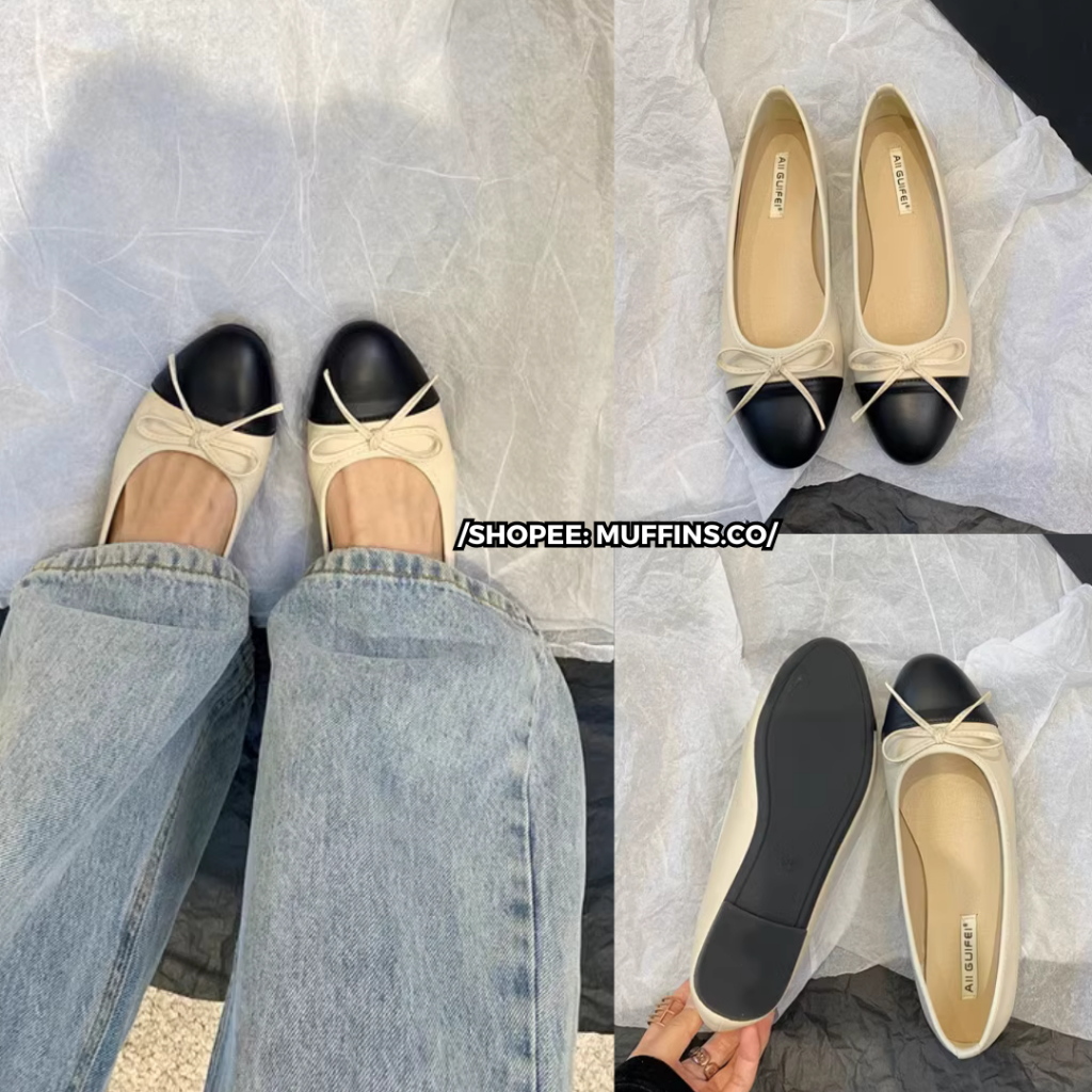 [SẴN HÀNG ] 𝐌𝐮𝐟𝐟𝐢𝐧𝐬.𝐜𝐨🐧 Giày bệt mũi tròn phối màu nơ dupe T.N đơn giản