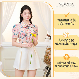 Áo thiết kế cổ bẻ phối nơ tay bồng họa tiết hoa chất tơ Hàn cao cấp YOONA - NH2S279