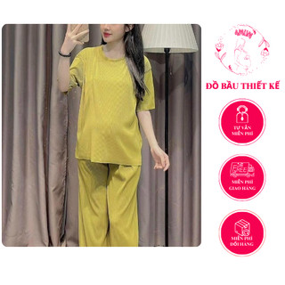 Bộ bầu sau sinh shop mẹ bầu, áo cộc quần suông dài chất tăm, quần chun điều chỉnh, không xù vải LOẠI CAO CẤP HABU