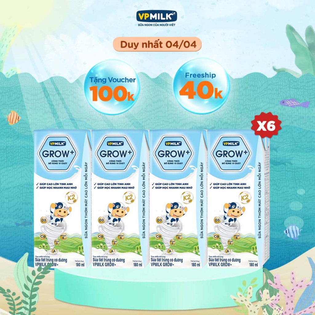 [Combo 6 lốc] Sữa Tiệt Trùng VPMilk Grow+ Có Đường 180ml Cho Bé Từ 1 Tuổi (lốc 4 hộp x 6)