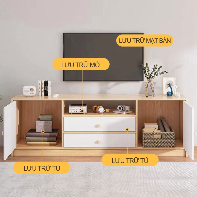 𝑯𝑬𝑰𝑵𝑶Tủ Gỗ Phòng Khách Tủ TV gỗ công nghiệp 2 cửa 2/3 ngăn kéo Màu gỗ+trắng|Bền đẹp không gian sống | BigBuy360 - bigbuy360.vn