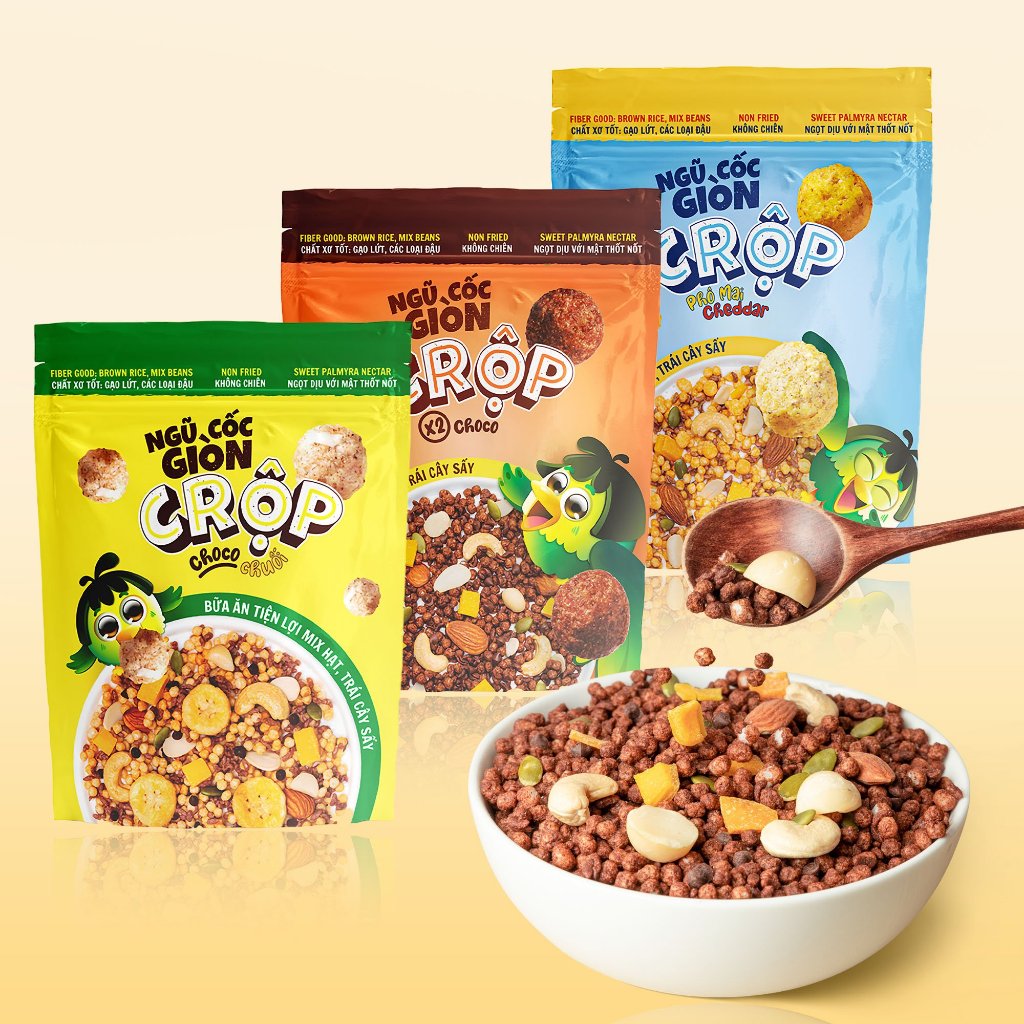 Ngũ Cốc Gạo Lứt Giòn CRộp đầy đủ 3 hương vị: Choco - Chuối - Phô mai 600g