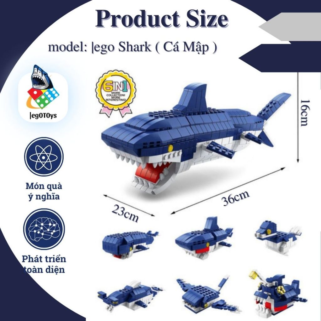 Lego Cá Mập 1000+ Mảnh Ghép - Bộ Đồ Chơi Lắp Ráp Con vật Cá Mập Đại Dương, Khủng Long T1ền Sử, Gấu Trúc, Rồng Ninjag0