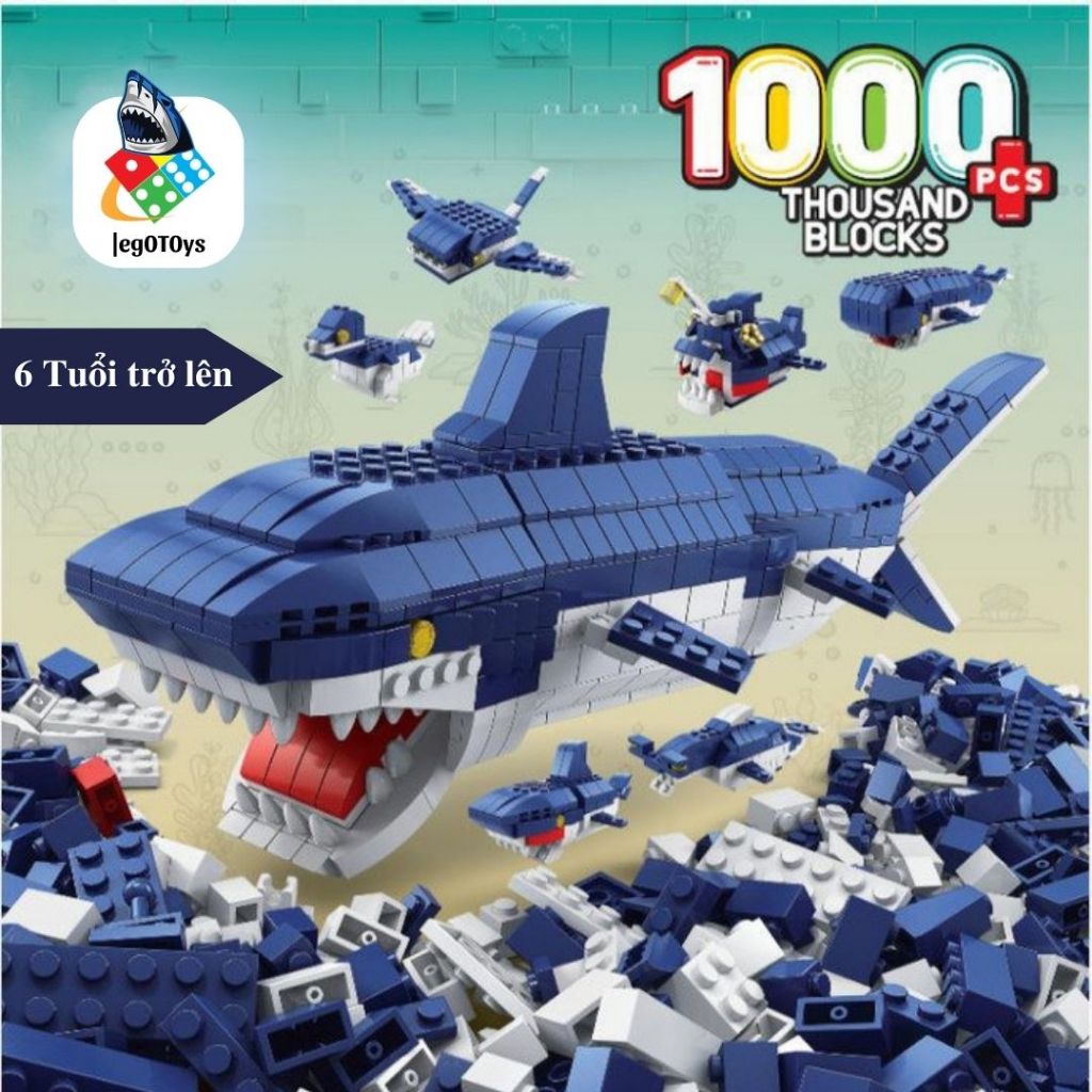 Lego Cá Mập 1000+ Mảnh Ghép - Bộ Đồ Chơi Lắp Ráp Con vật Cá Mập Đại Dương, Khủng Long T1ền Sử, Gấu Trúc, Rồng Ninjag0