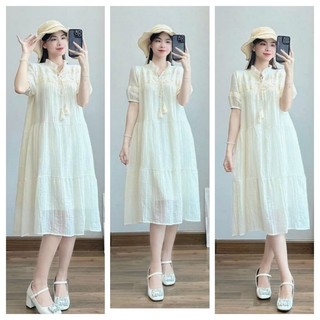 Váy bầu Đầm bầu công sở trắng nơ ngực tiểu thư 2 lớp thoáng mát, mã V027