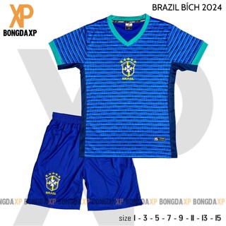 Áo Đá Bóng Trẻ Em Brazil Bích 2024, Đồ Đá Banh Trẻ Em Vải Thun Lạnh Cao Cấp
