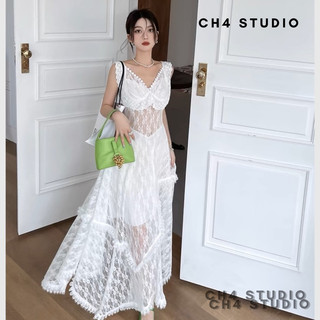 Váy ren nữ màu trắng, váy xoè hai dây dáng dài xẻ tà đi biển bánh bèo