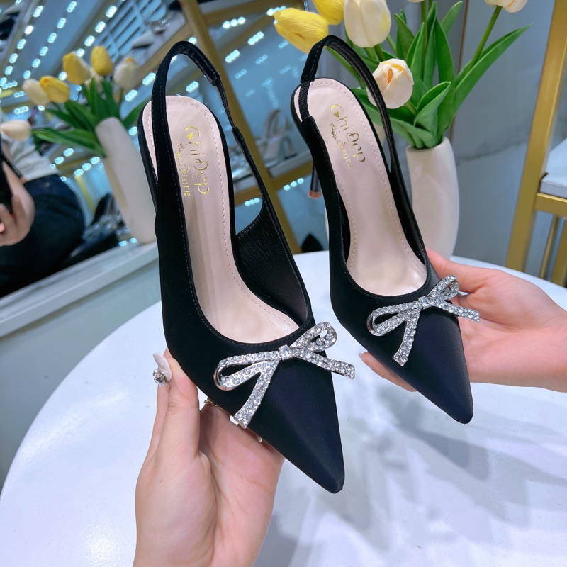 Giày nữ / giày cao gót 9 phân mũi nhọn đính nơ chất tuyết nhung, Giày sandal hở gót 9 phân đính nơ đ