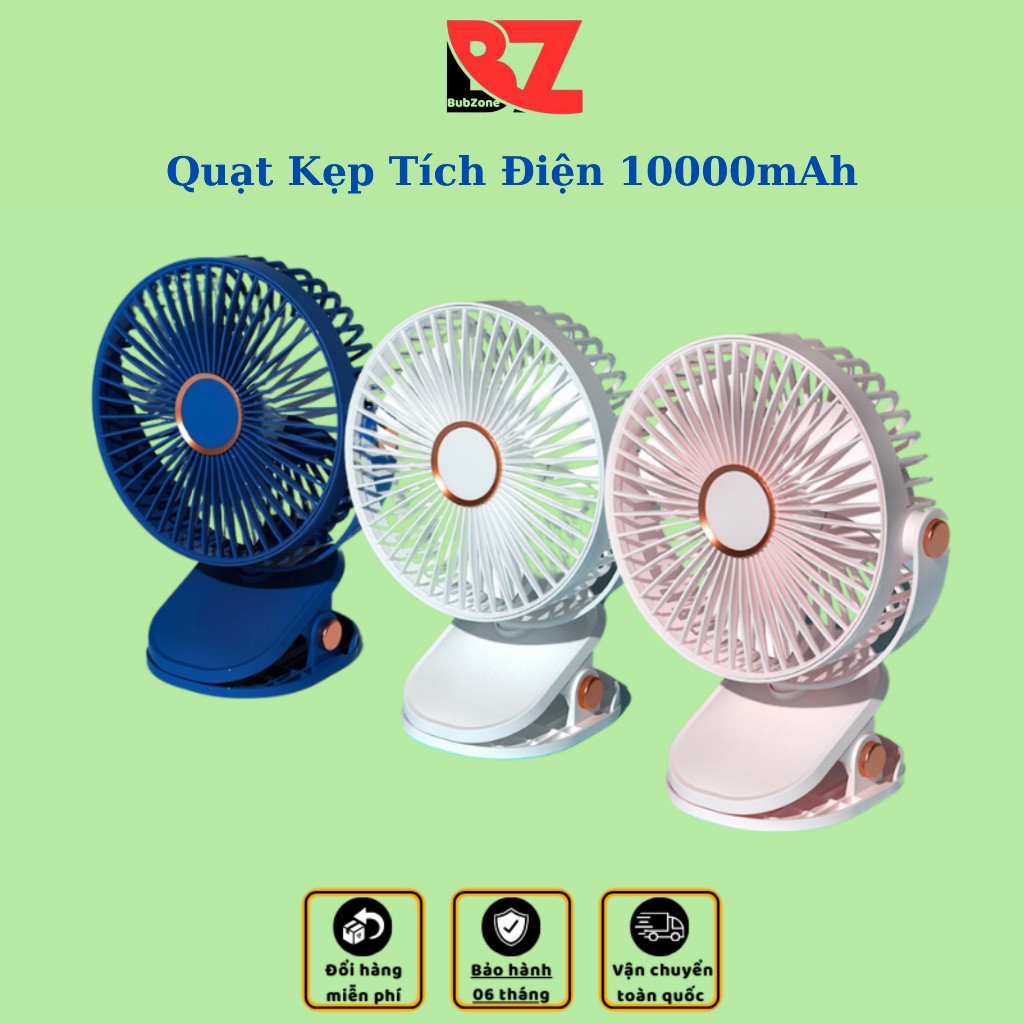 Quạt Tích Điện Để Bàn - Kẹp Bàn Bubzone.vn Pin Trâu 10.000mAh Sử Dụng 7h - 10h giờ liên tục, Sạc Type C + Có đèn