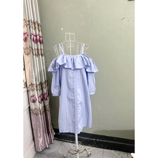 <si tuyển> Váy thiết kế hở vai dáng rộng /phối bèo cực xinh màu xanh