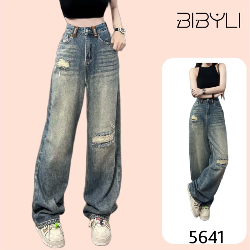 Quần jean nữ ống suông màu xanh phủ bạc râu mèo - 5641