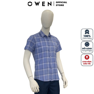 Áo sơ mi nam ngắn tay OWEN AR240025NT somi công sở cao cấp màu xanh tím kẻ caro chất nano dáng suông tà lượn có túi