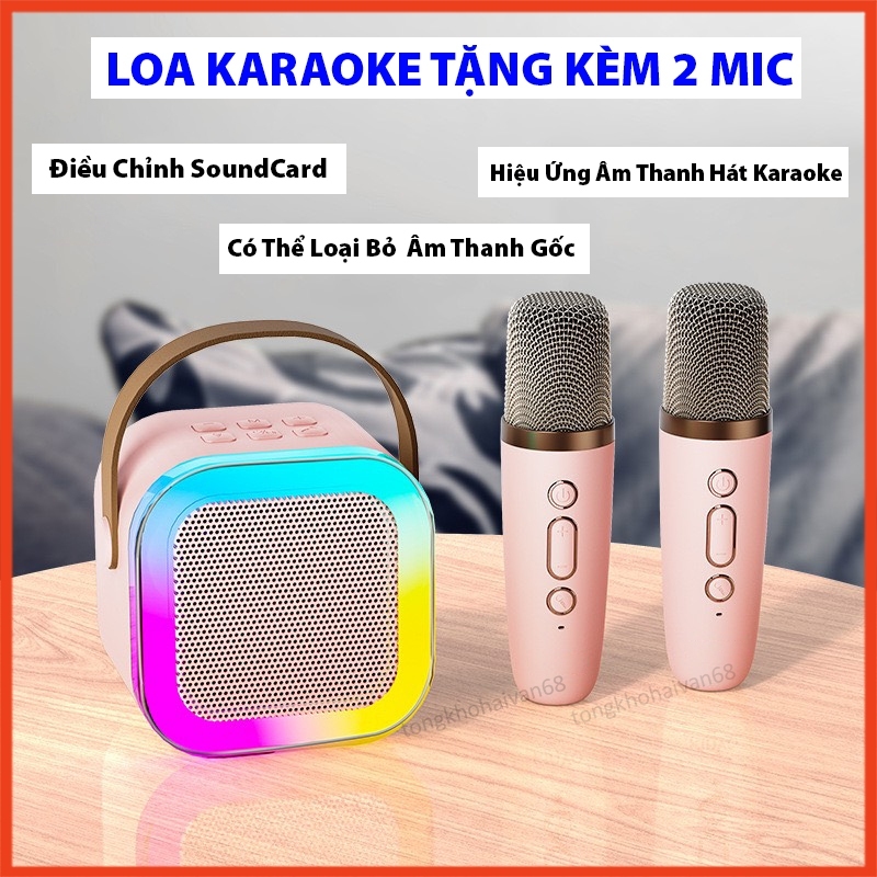Loa bluetooth mini hát karaoke tặng kèm 2 mic có thể thay đổi giọng nhỏ gọn có thể mang theo mọi nơ