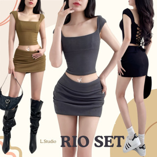 RIO - Set áo croptop đan dây lưng váy quần mini body Trendy, chất thun gân dày dặn