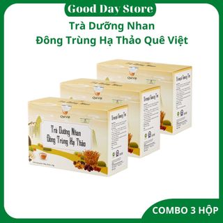 COMBO 3 hộp Trà dưỡng nhan đông trùng hạ thảo Quê Việt,Đông trùng hạ thảo,long nhãn,kỷ tử,táo đỏ,hoa atiso đỏ,hạt chia
