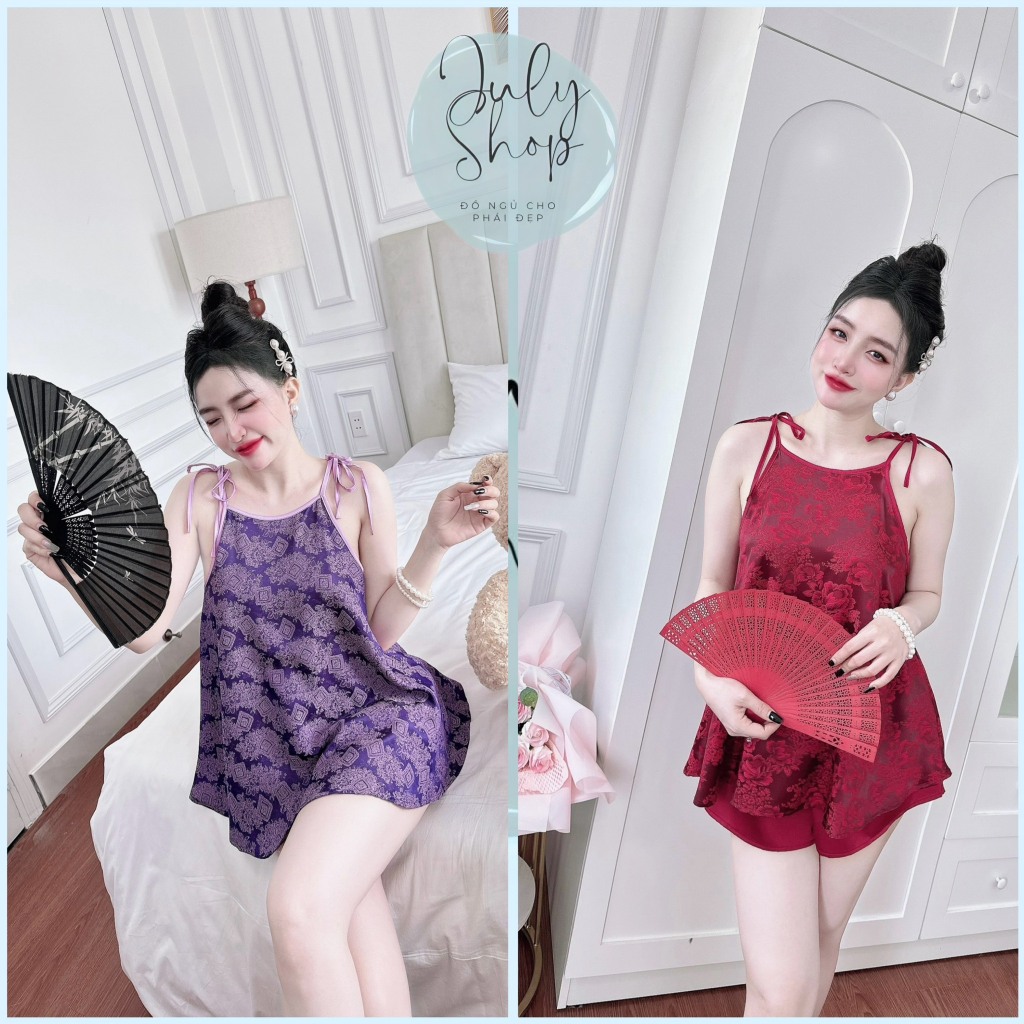 Đồ Ngủ Nữ JULY Đồ Bộ Đùi BIGSIZE Áo Yếm Cột Nơ Vai Chất Gấm Quần Lụa Latin Cao Cấp <75KG V1<95