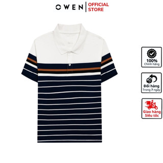 Áo thun polo ngắn tay OWEN APV233206 phông nam cổ bẻ màu xanh tím than kẻ ngang trắng nâu vải cotton mềm mại dángbodyfit