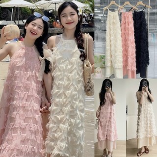 Đầm maxi cổ yếm lông vũ dáng dài đi biển hai lớp - Váy yếm hai tầng dạo biển sang chảnh thời trang