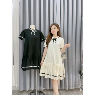 Váy ngắn thiết kế cổ thắt nơ đuôi cá xếp li chất cotton thời trang - Đầm ngắn tay vạt bèo babydoll phối viền