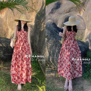 Đầm maxi hoa nhí, váy hai dây đi biển dáng rộng chun ngực hoa đỏ dạo biển xinh xắn