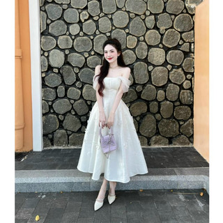 Đầm đi đám cưới trễ vai thời trang nữ dự tiệc sang trọng chất tapta có mút đính hoa dáng váy chữ A dài maxi